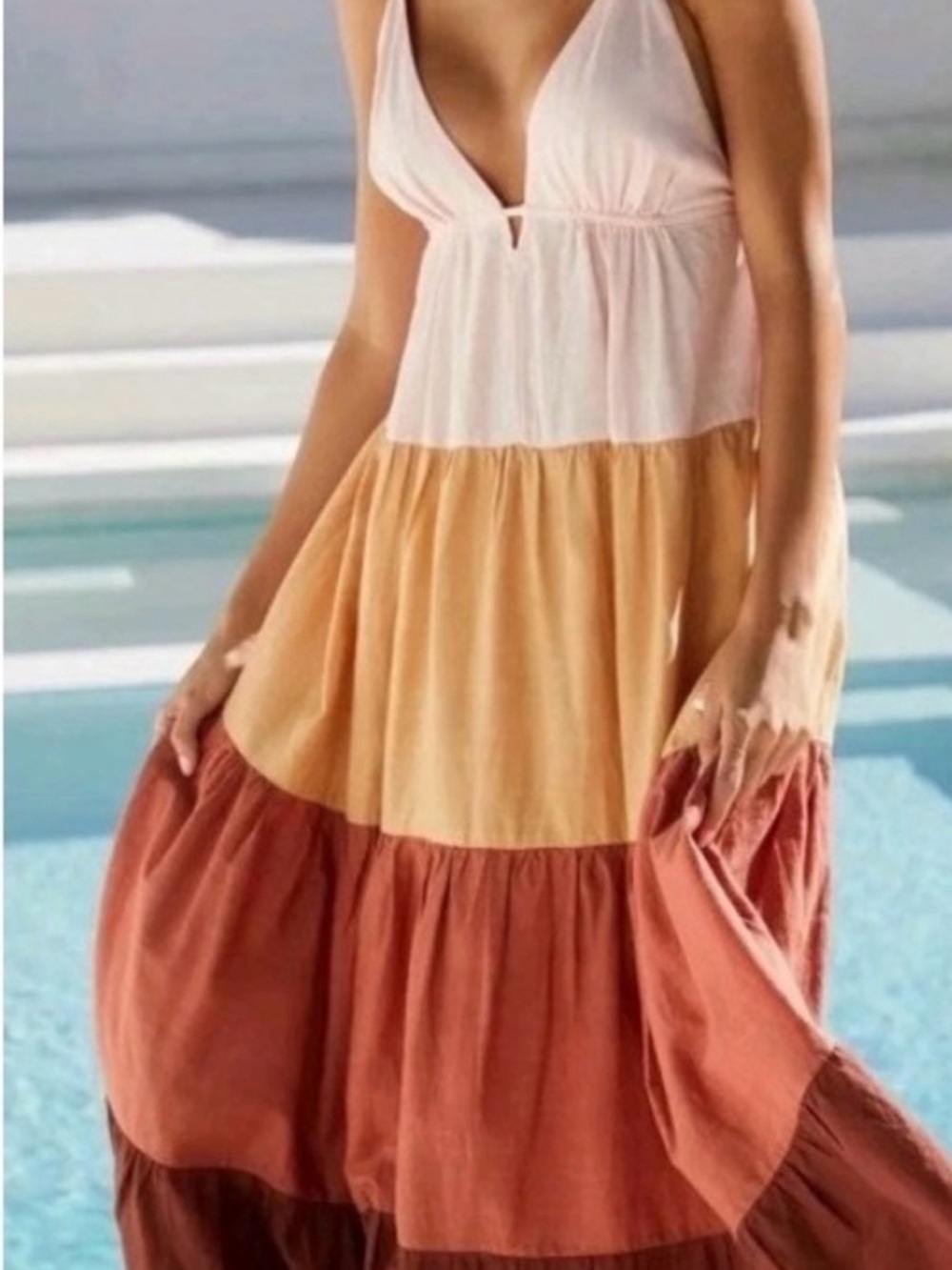 Anthropologie Raya Tiered Maxi Dress in Blush, Mustard & Rust